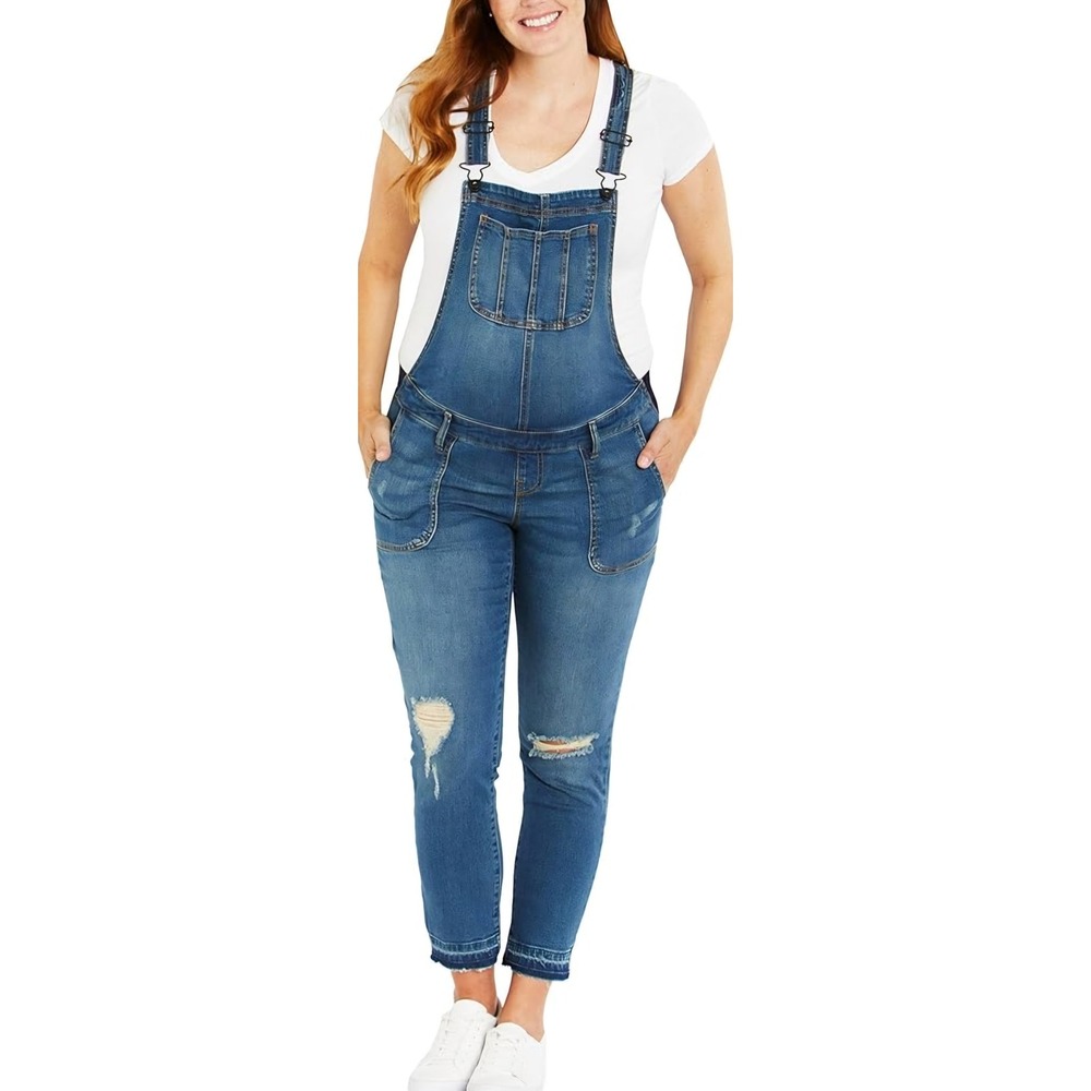 INDIGO BLUE Distressed Denim Maternity Overalls Cropped Ripped‎ Size M